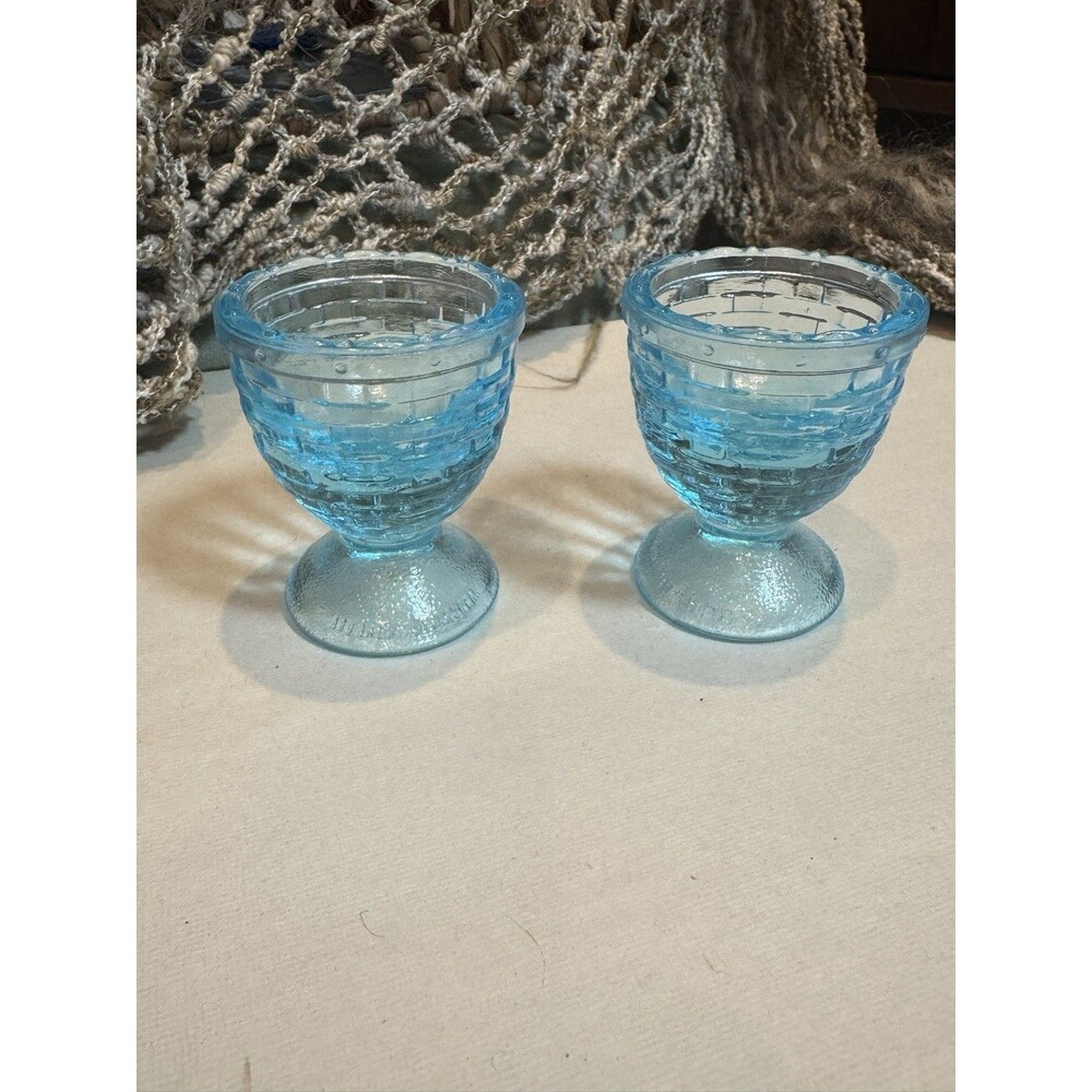Lot Set 2 Longaberger Glass Egg Cups Robin Eggs Blue Woven Design 2.75" USA EUC